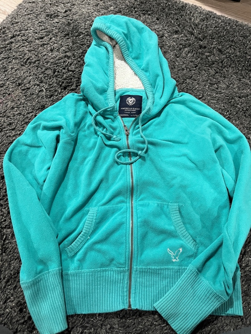 American Eagle Teal Sherpa-Lined Zip Hoodie Size Large